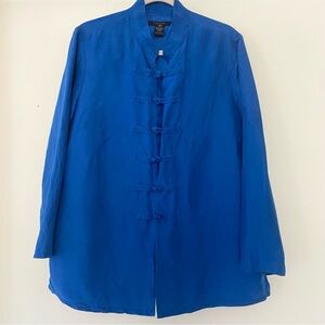 Anne Carson Blue Kimono Jacket Size 1X Frog Closure Mandarin Collar 100% Silk